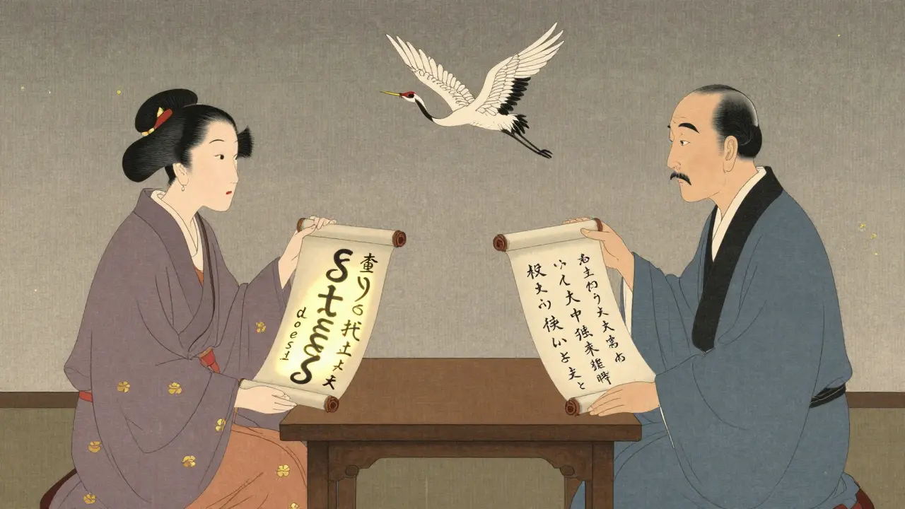 Terapeut a klient sedí u stolu, každý drží svitkový list s různými myšlenkami, mezi nimi létá živý žurav.