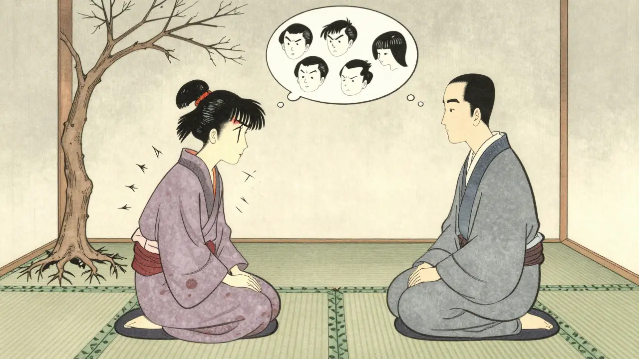 Terapeut a klient sedí v japonském stylu, nad klientem se vznáší myšlenky obvinění.