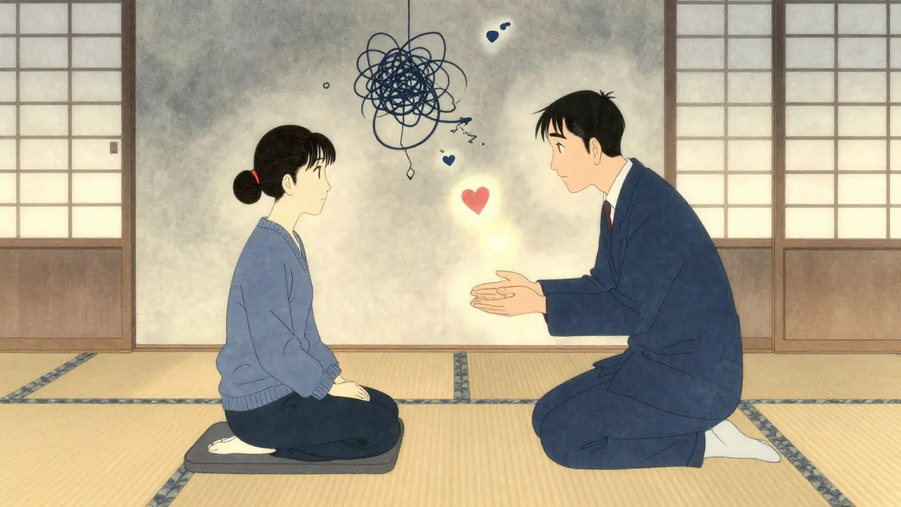 Terapeut a klient sedí v klidné místnosti, kde se kolem nich vznášejí symboly emocí, v ukiyo-e stylu s jemnými černými čarami.