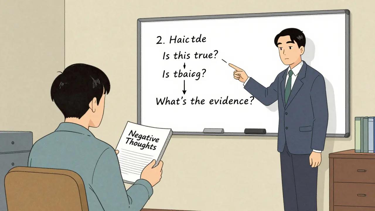 Terapeut a klient společně analyzují negativní myšlenky v pracovním sešitu, klasický scénář KBT.