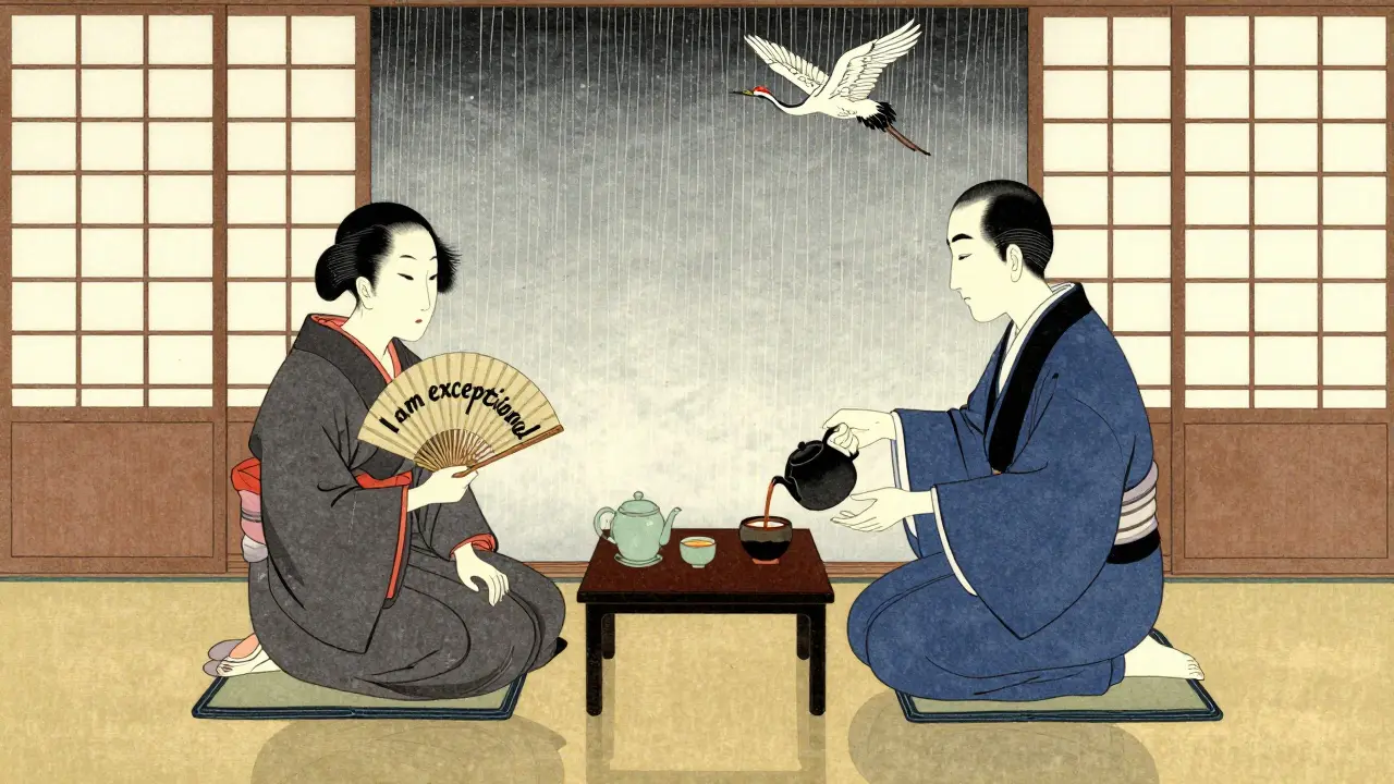 Terapeut a klient v japonské místnosti, klient drží vějíř s textem &#039;Jsem výjimečný&#039;, terapeut nalévá čaj.