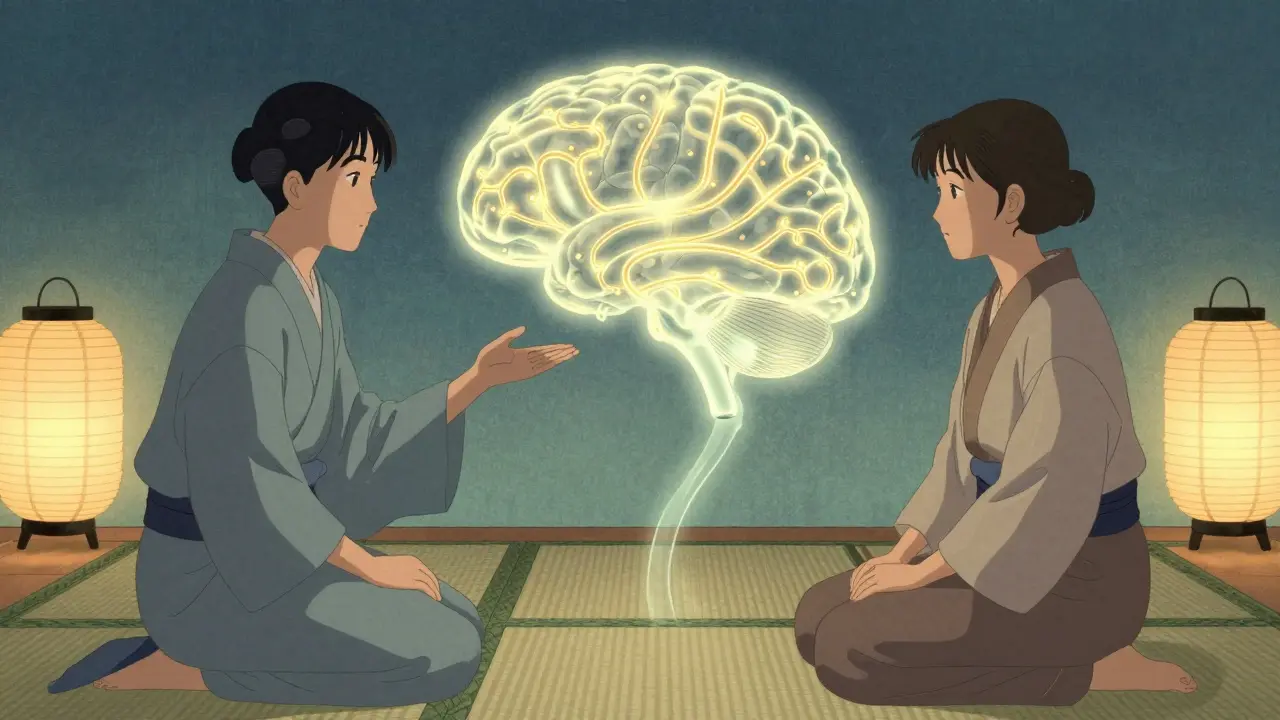 Terapeut a pacient společně sledují světící mapu mozku, která se rozvíjí jako zlaté toky.