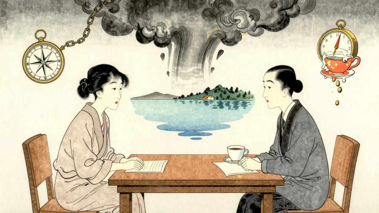 Terapeut a pacient spolu diskutují, kolem nich plavou symboly přeměny znalostí na akci.