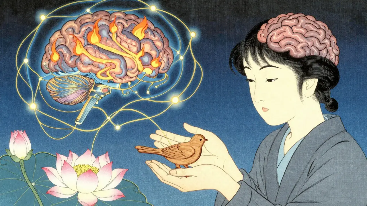 Terapeut dává dítěti dřevěného ptáka, zatímco v okolí rostou neurologické vzory jako lotosy.