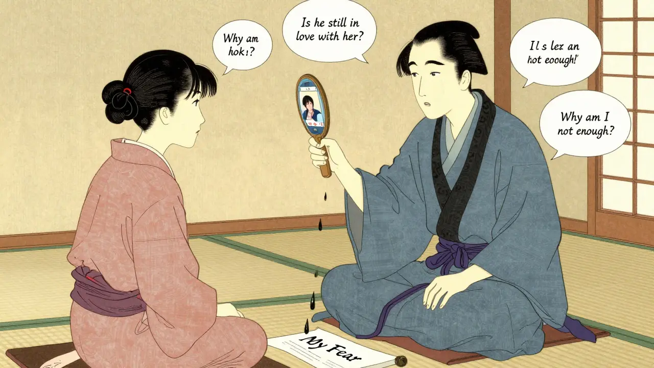 Terapeut drží zrcadlo, které odráží Instagramový feed, klient na zemi s myšlenkami o nejistotě.