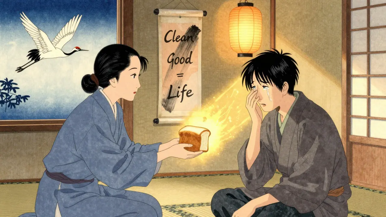 Terapeut podává chleba pacientce v klidné místnosti, za nimi se mění slovo &#039;čistý&#039; na &#039;život&#039;.