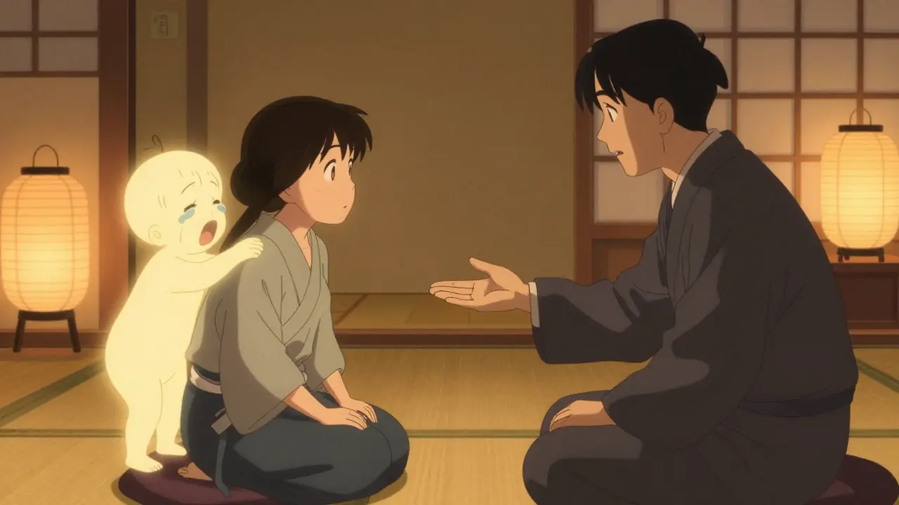 Terapeut proti klientovi, z jeho ramen vystupují průhledné obrazy vnitřních dětských částí.