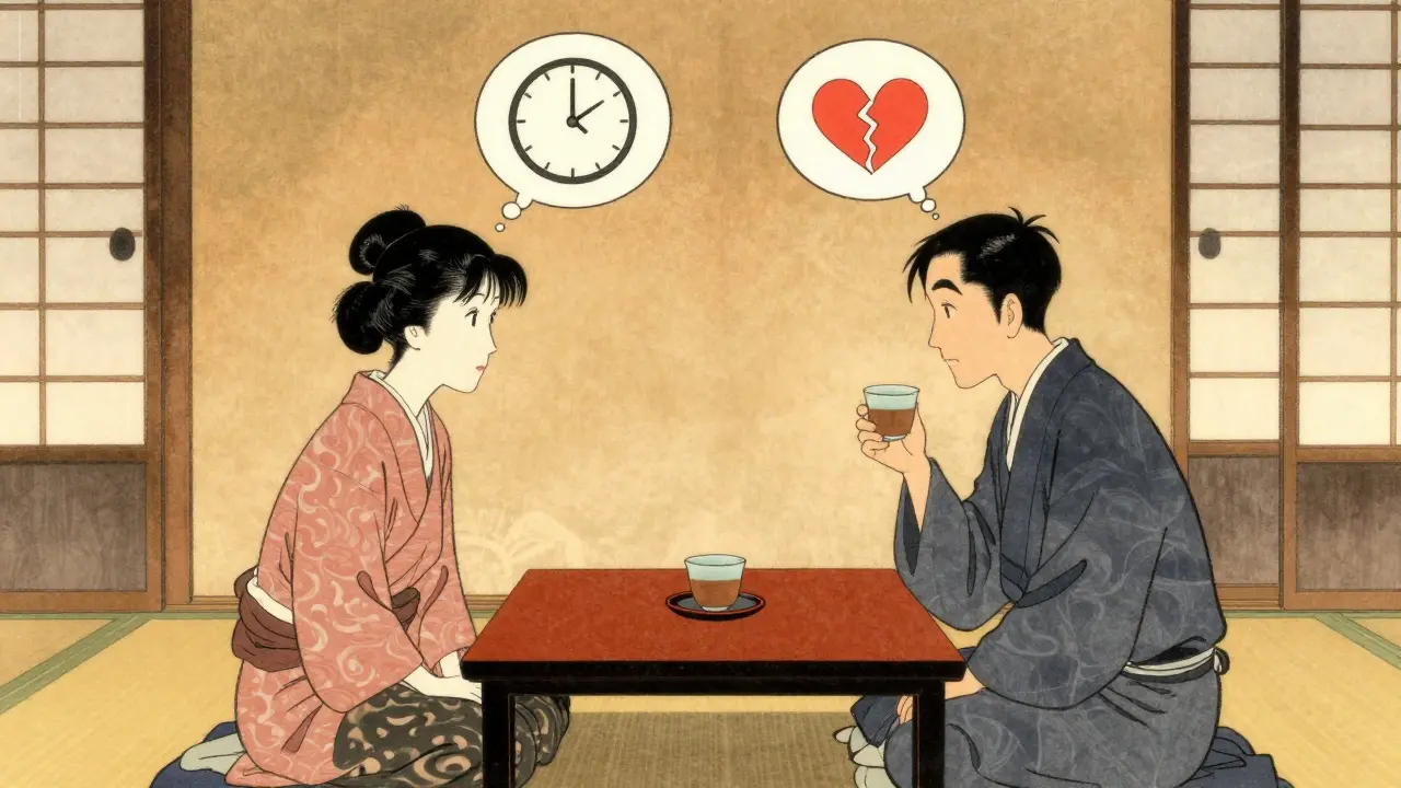 Terapeut s párem sedí u stolu, nad nimi se vznášejí symbolické myšlenky: hodiny, rozbité srdce a šálek čaje.