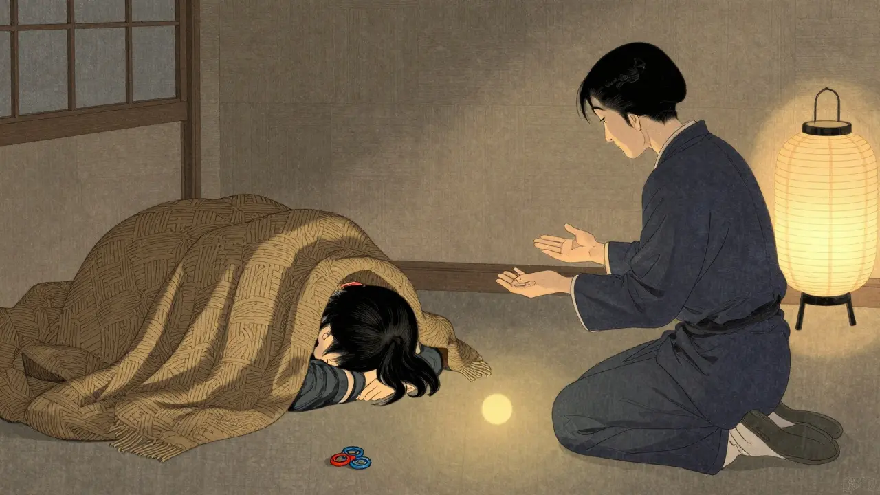 Terapeut sedí v klidu daleko od autistické osoby, která se schoulila pod dekou, v tichém, mírně osvětleném prostoru.