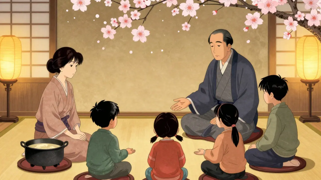 Terapeut vede rodinu k prvnímu spojení, světlo a květy symbolizují naději.