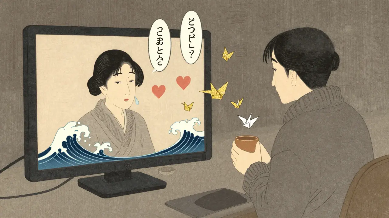 Textová terapie s plynoucími emocionálními symboly jako papírovými draky, osoba v pohodlném oblečení.