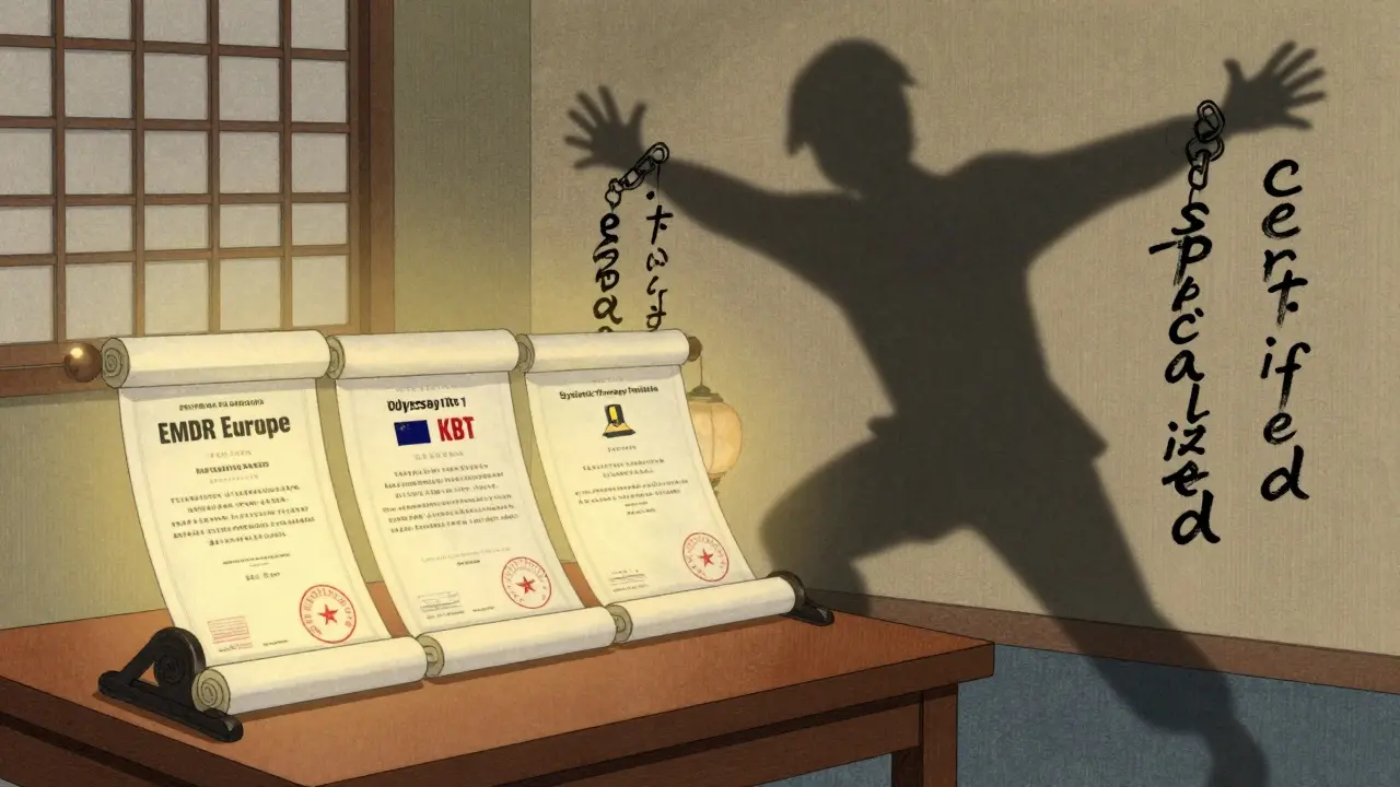 Tři certifikační svitky terapeuty v tradičním japonském stylu s označením EMDR, KBT a systémové terapie.