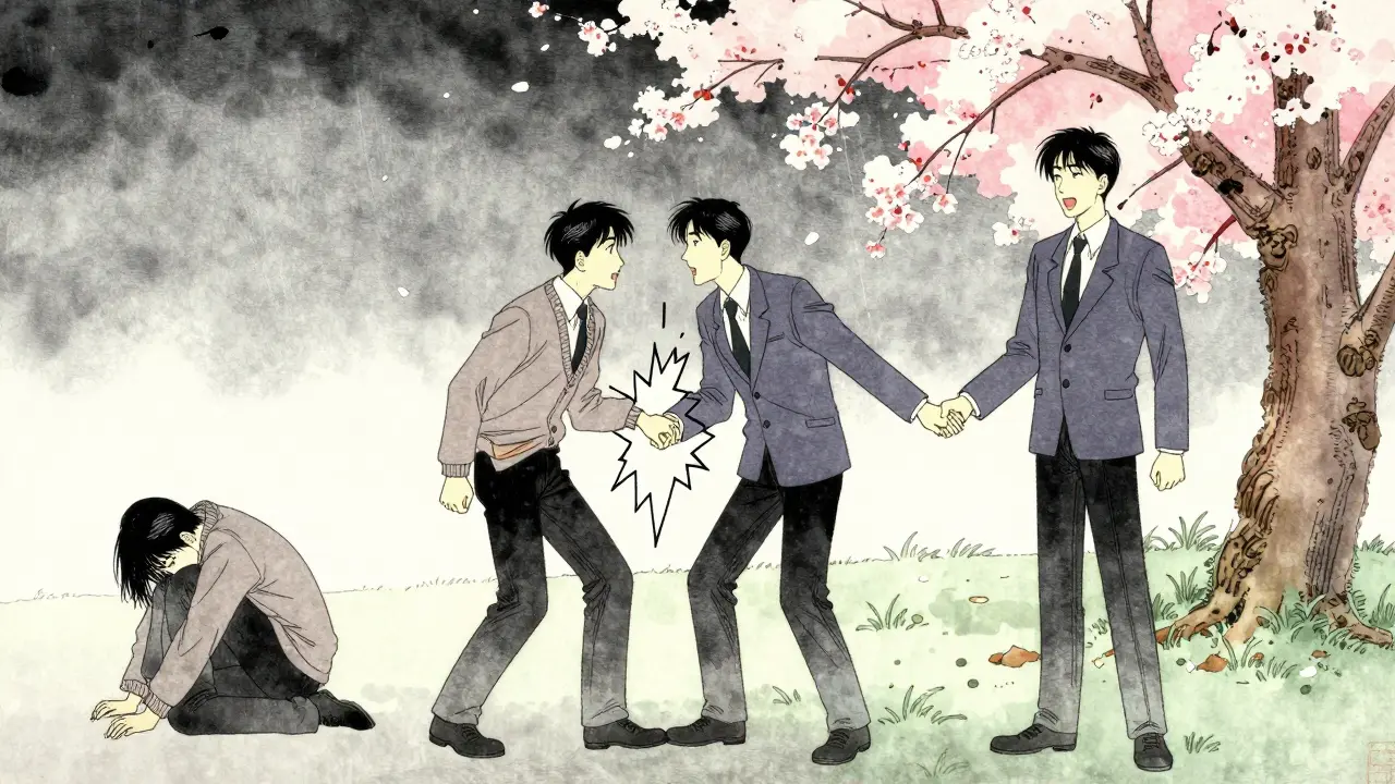 Tři fáze IPT: smutek, konflikt a řešení znázorněny v jedné scéně s čínskými květy a jemnými inkoustovými přechody.