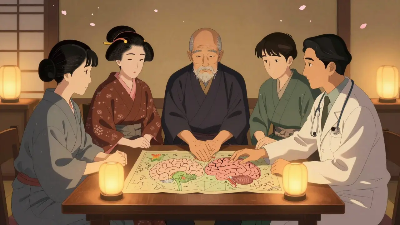 Tým lékařů v japonském stylu konzultuje u stolu s mapou mozku a svíčkami.