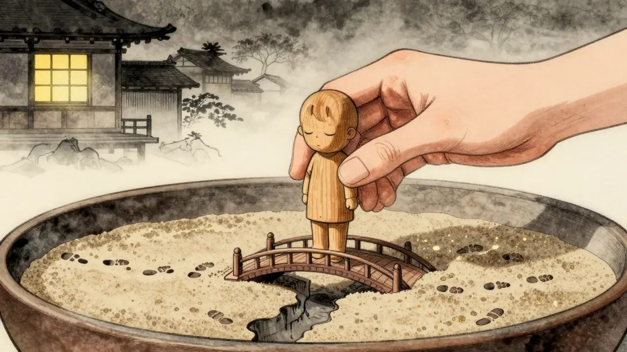 V písku vznikl most přes propast, symbolizující přechod od izolace k spojení.