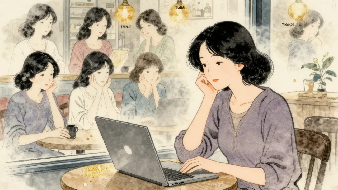 Žena v berlínské kavárně viděná v odrazu okna s verzemi sebe v různých městech.