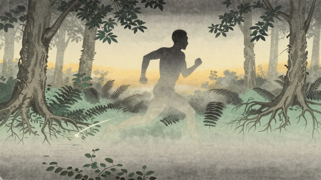 Běžec ve mlze, jeho tělo se slévá s cestou, listy a kořeny tvoří rytmické vzory kolem něj.