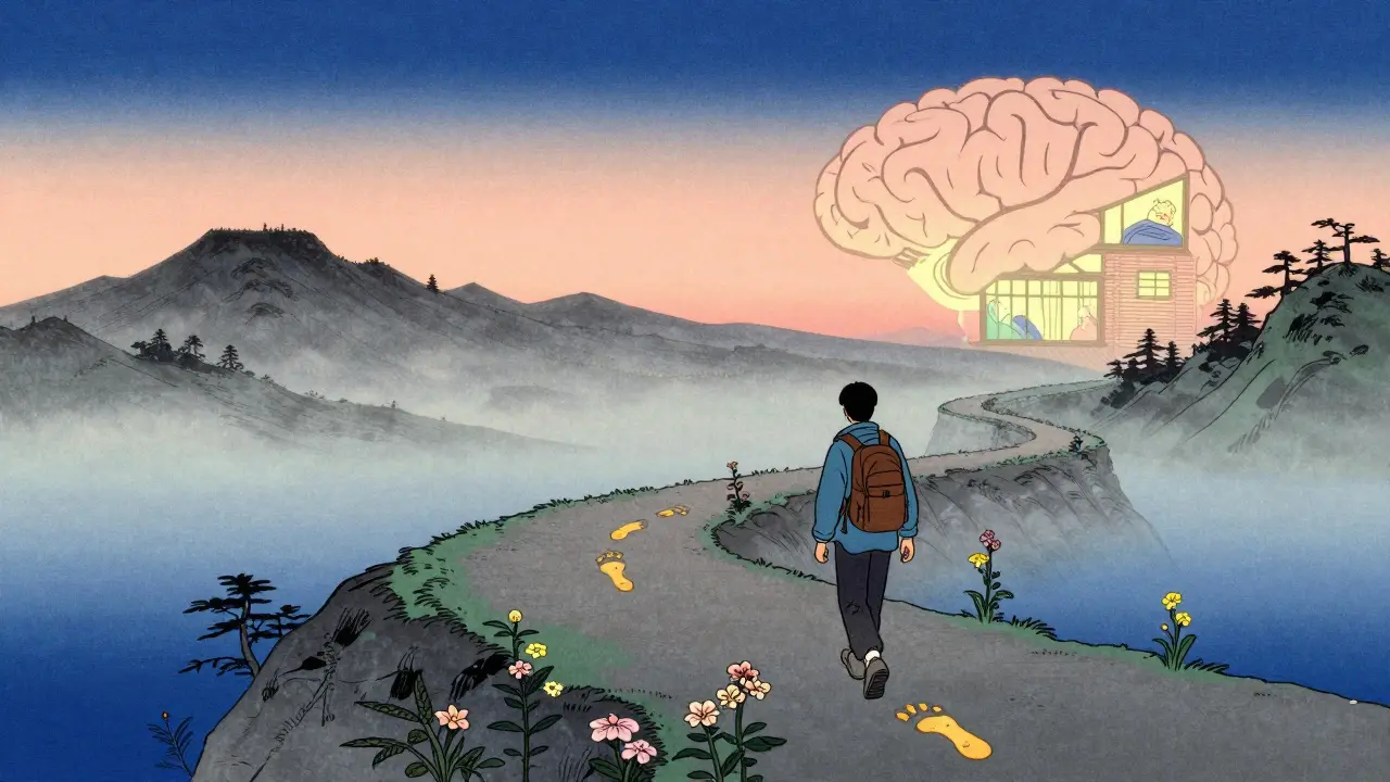 Cestovatel krokuje horami, každý krok vytváří květinu duševního růstu.