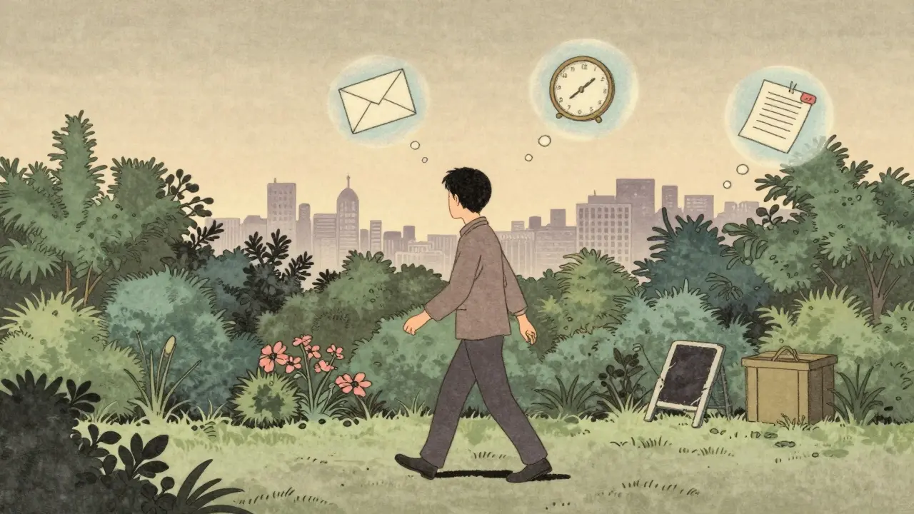 Člověk prochází zahradou, kde každý krok mění myšlenku na dokončený úkol, symbolizující postupnou změnu.