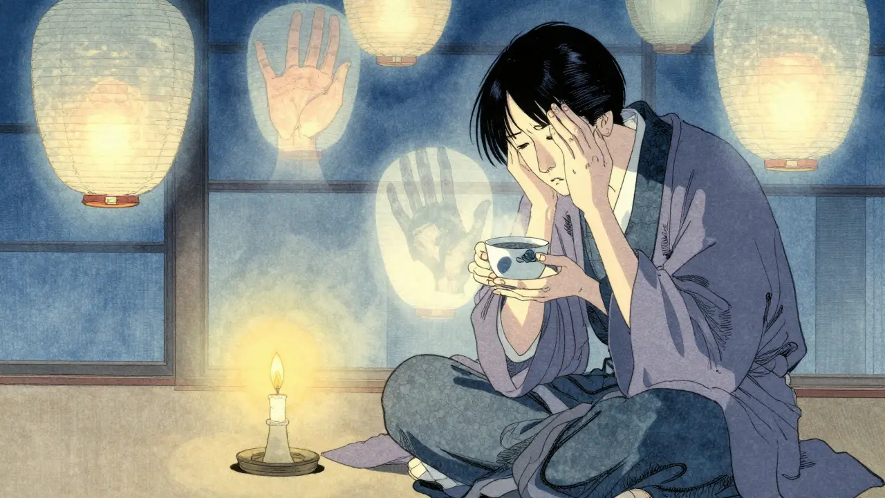 Člověk sedí v klidu, kolem něj plavou průhledné vzpomínky na trauma jako papírové lampiony.