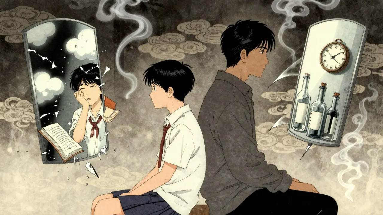 Dospívající a dospělý sedí zády k sobě, jejich vnitřní bolesti se odrážejí v rozbitých zrcadlech.