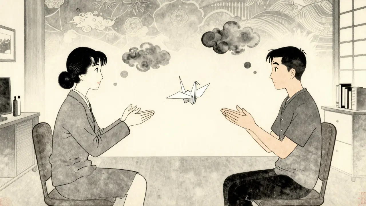 Dva lidé spojení videohovorem, jejich pohledy se setkávají přes obrazovku, mezi nimi visí papírový žába.