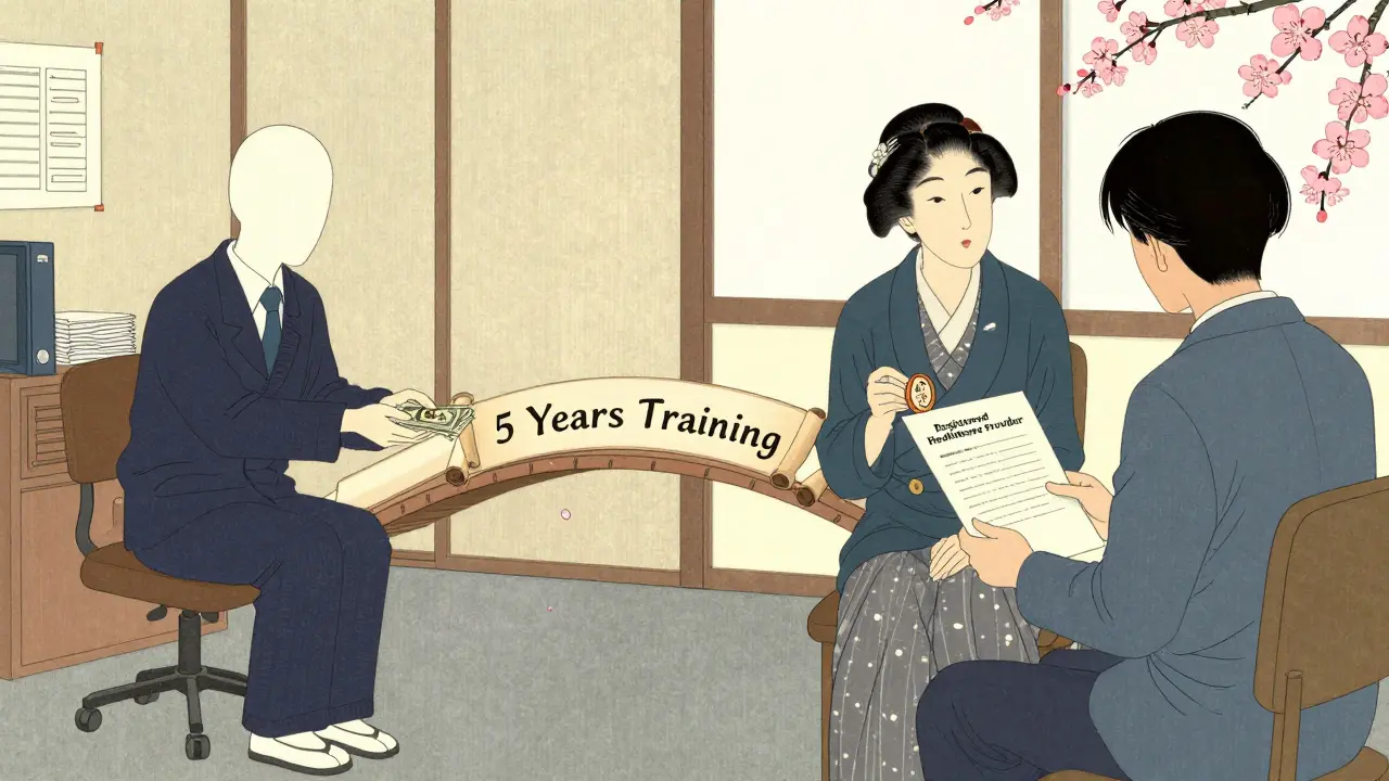 Dvě scény: jedna s nekvalifikovaným terapeutem a penězi, druhá s certifikovaným terapeutem a značkou bezpečnosti.