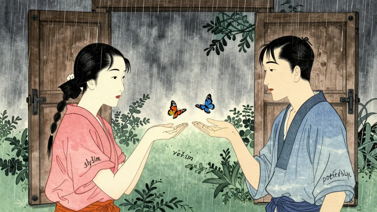 Dvojice v bouřce, jejich ruce se téměř dotýkají, z nich vylétájí motýli s slovy lásky a slyšení.