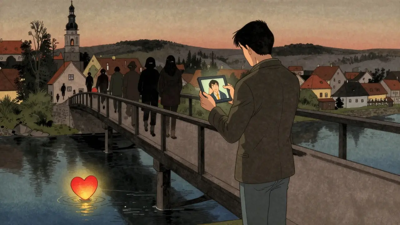 Expat stojí na mostě s tabletou, ve vzdálenosti plave světelná lampa, symbol spojení.