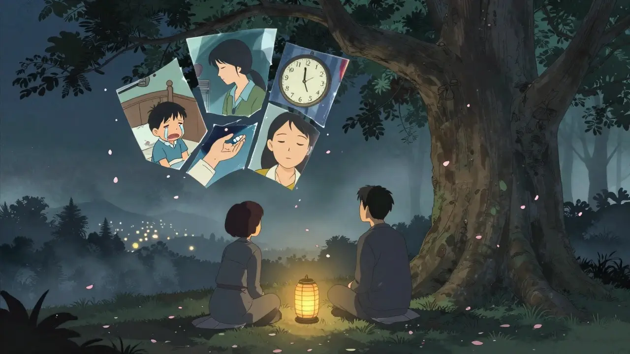 Klient a terapeut pod stromem, nad nimi zrcadlo odrazující pět emocionálních scén.