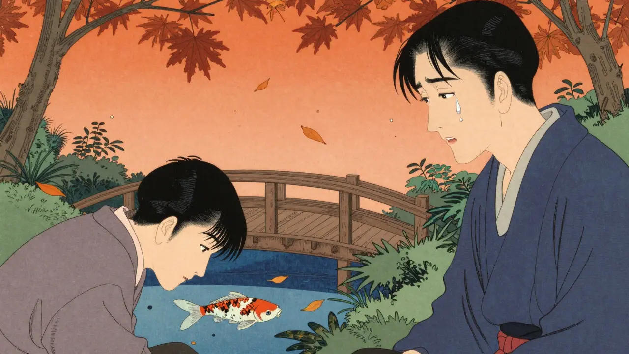 Klient pláče v zahradě, terapeut poslouchá, ryba koi plave pod mostem, listy padají v pomalém pohybu.