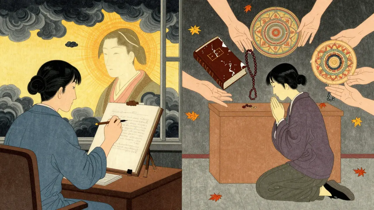 Klient před prázdným oltářem, zatímco terapeut maluje jeho obraz z temnot do světla, kolem rozbité náboženské symboly.