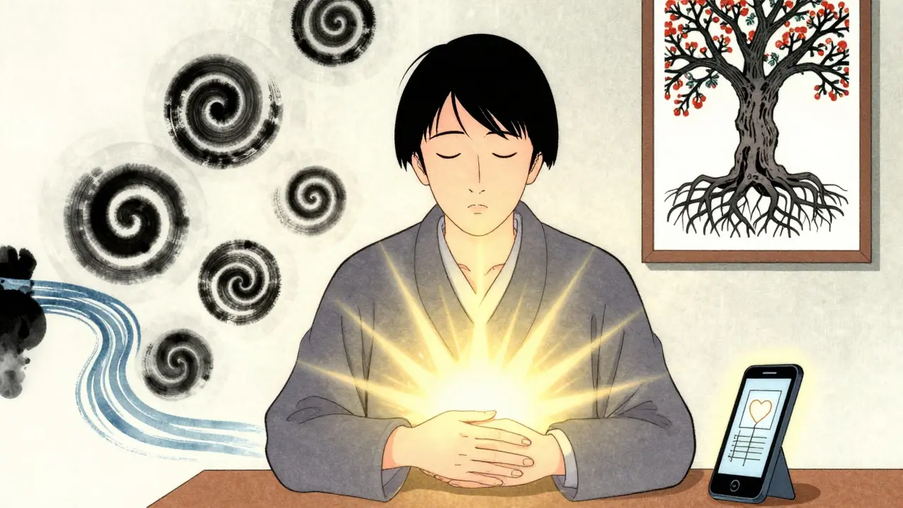 Klient s očima zavřenými, ruce na břiše, kolem něj proudí barvy emocí, na zdi strom s kořeny a květy.