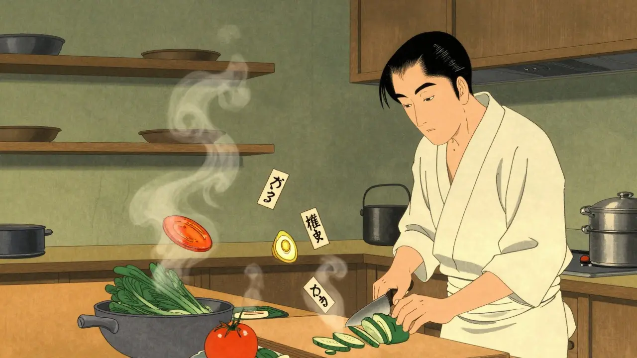 Kuchař připravuje jídlo, každý řez uvolňuje plavoucí symboly chuťových pocitů, pára se mění v vlny.