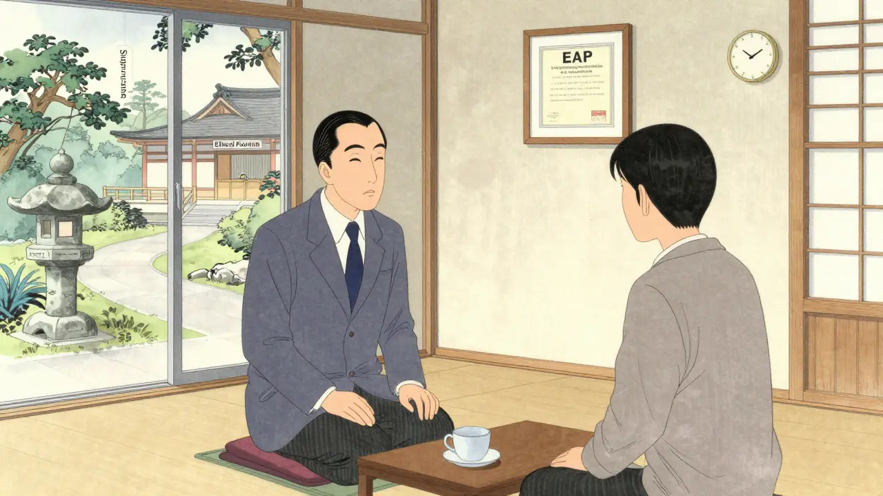 Kvalifikovaný psychoterapeut poslouchá klienta v klidné místnosti s certifikátem EAP a znakem supervize na zdi.