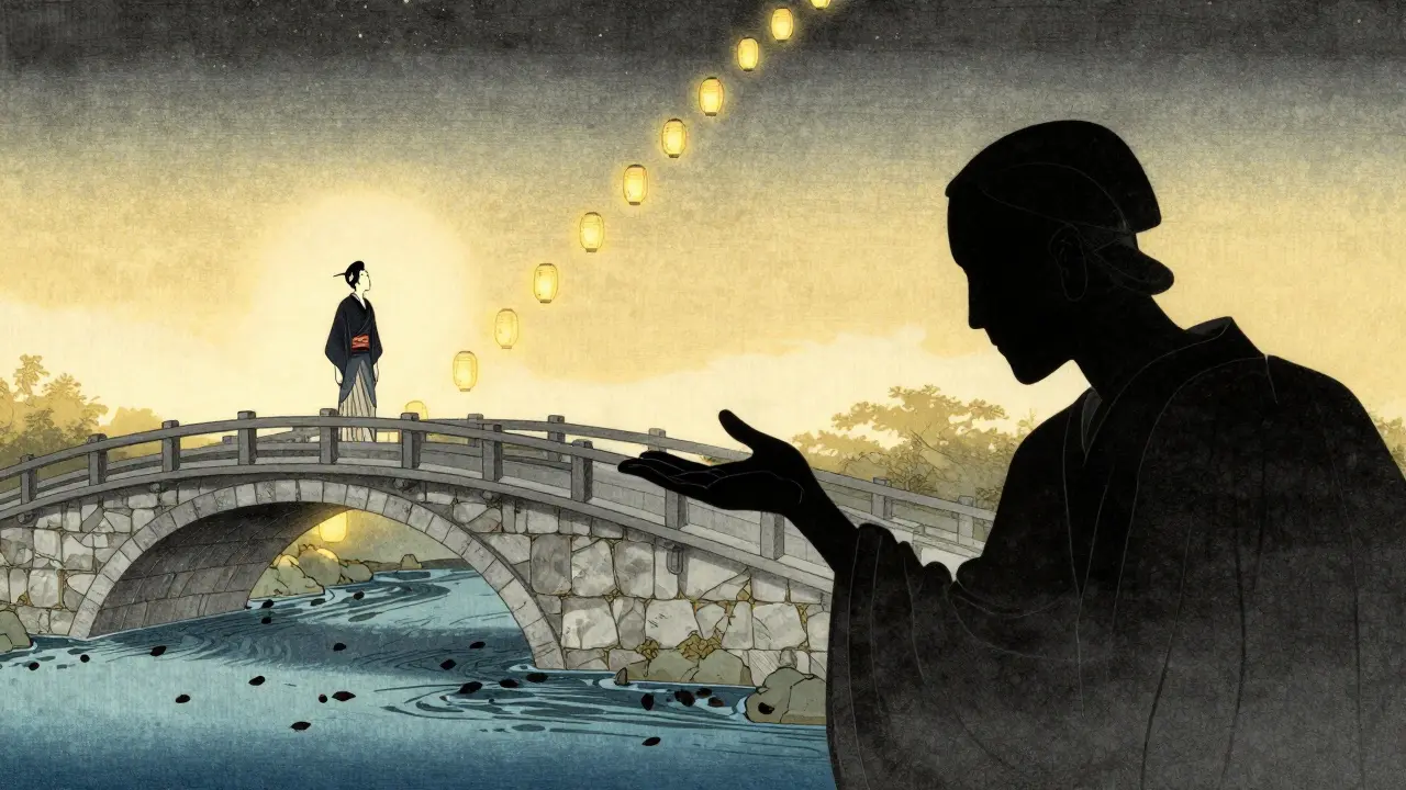 Muž na mostě táhne ruku k podpěře, pod ním teče řeka s temnými listy.