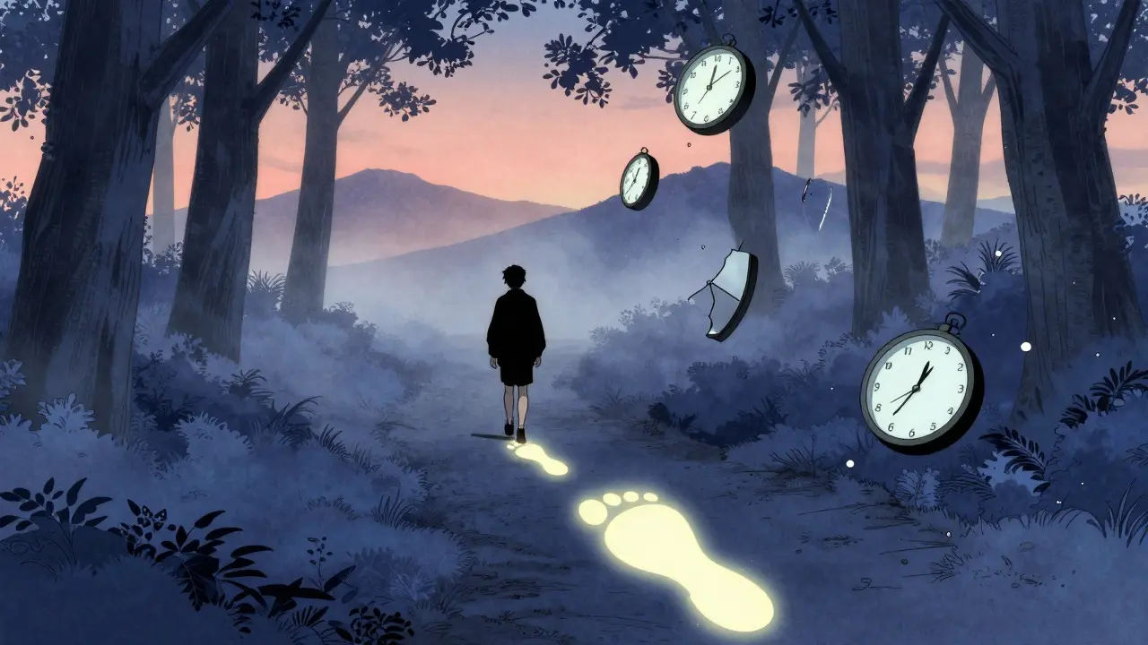 Osoba kráčí lesem, její stopy se postupně spojují do jednoho celku.