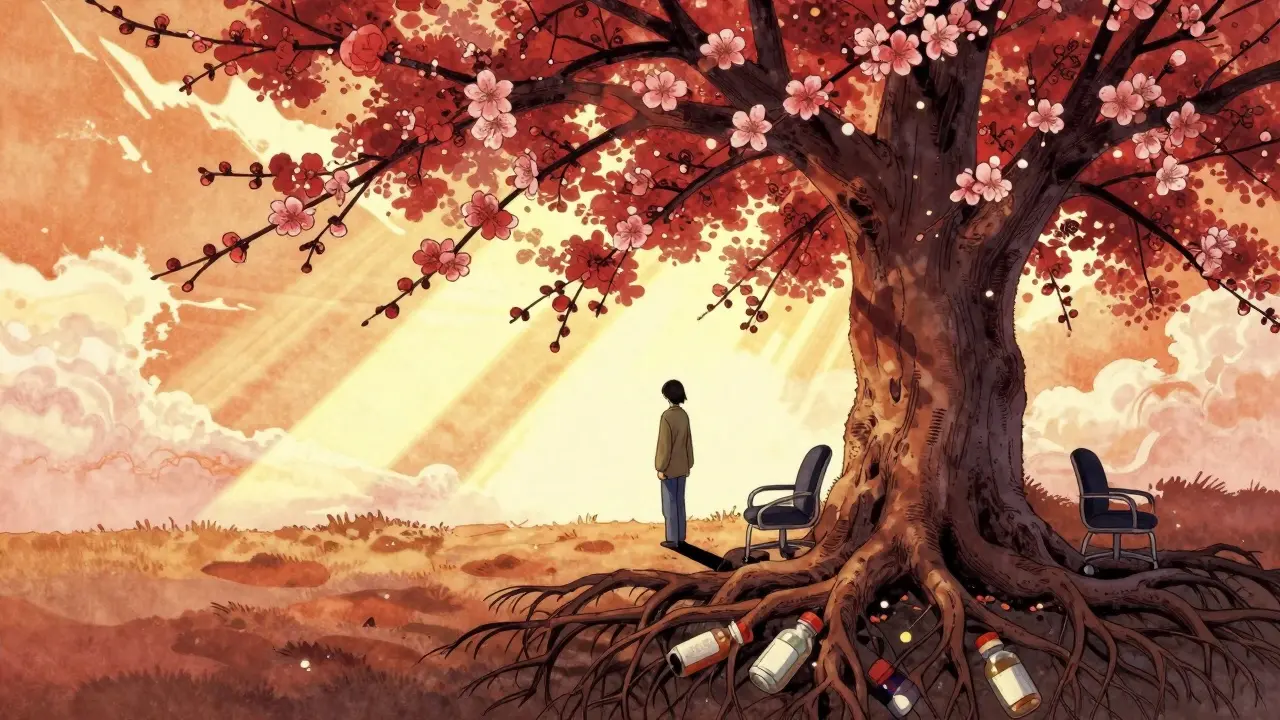 Osoba pod stromem, jehož kořeny tvoří léky a křeslo terapeuty, světlo osvětluje cestu.