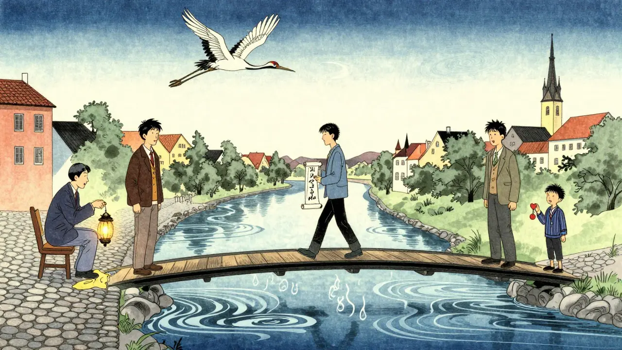 Osoba přechází přes most, tři podporující postavy ji čekají na březích, symbolizují podporu v krizi.