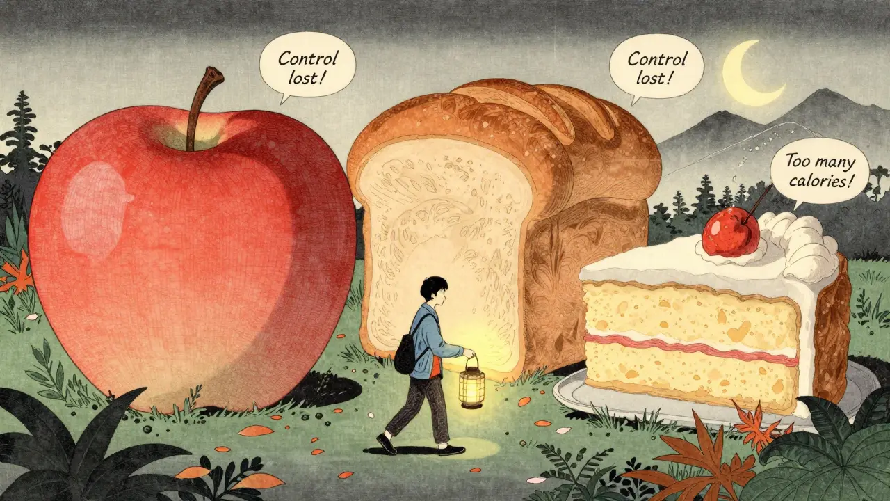 Osoba prochází zahradou obrovských jídel, která se mění v květy, symbolizující osvobození.