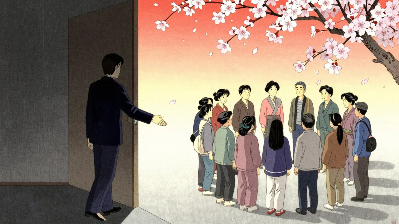 Osoba stojí na prahu mezi samotou a skupinou, terapeut ji jemně vede vpřed.