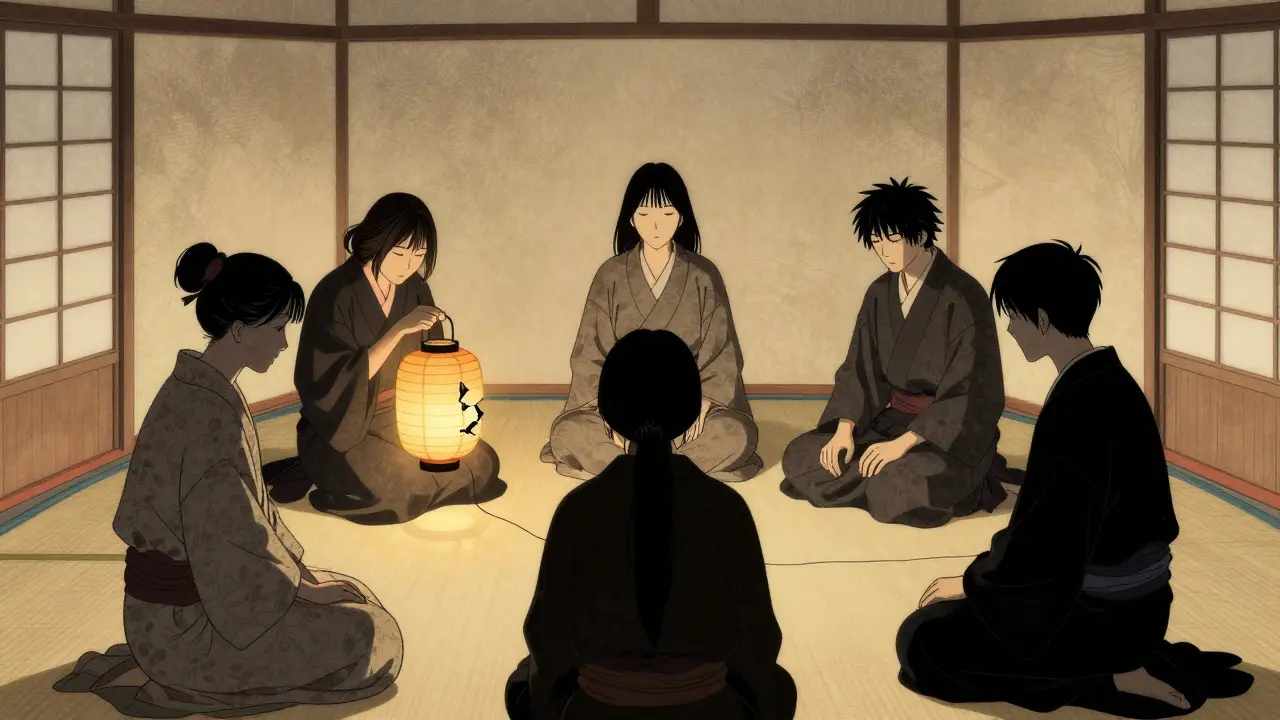 Pět lidí sedí v kruhu, spojených jemným světlem, symbolizujících skupinovou terapii.