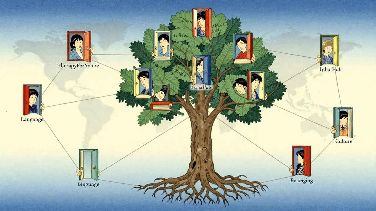 Přespojené ruce z celého světa vytvářejí strom s otvírajícími se dveřmi, symbol podpory.