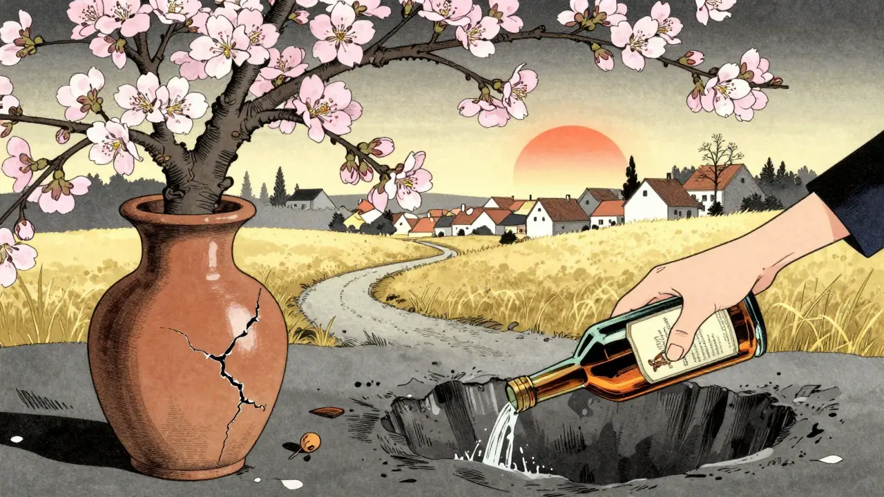 Ruka vysouvá květ z hrnče, zatímco láhev alkoholu spadne do temnoty, za nimi východ slunce.