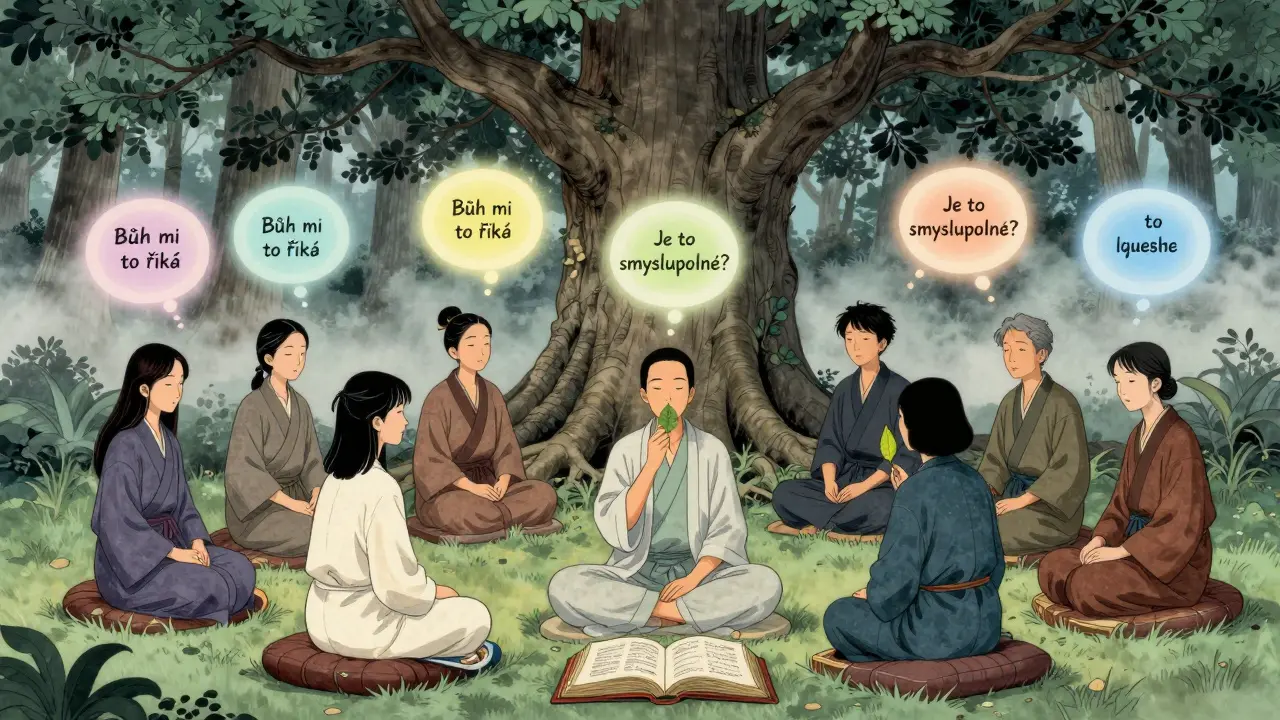 Skupina terapeutů pod stromem, jehož kořeny tvoří modlitby, kolem nich plavou myšlenky o smyslu života.