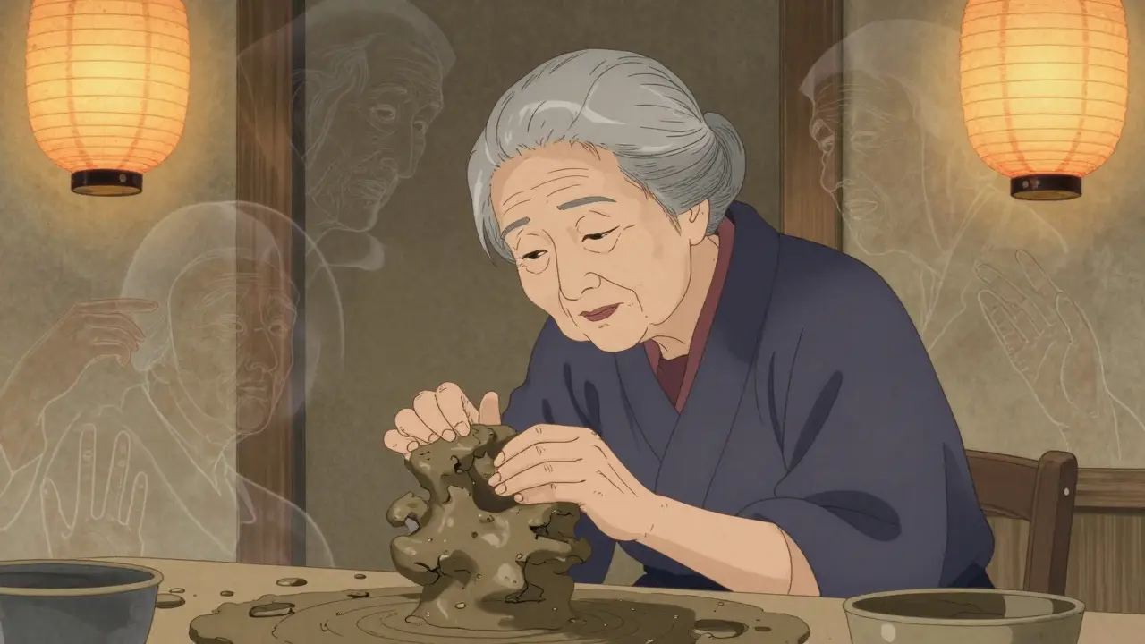 Stará žena tvaruje hlínu, zdi za ní se objevují stíny vzpomínek.