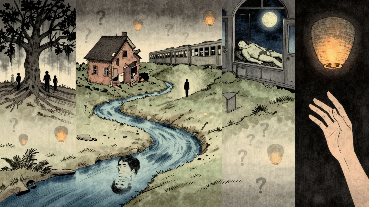 Symbolická mapa života jako řeka procházející pěti krajinami, reprezentující emocionální oblasti.