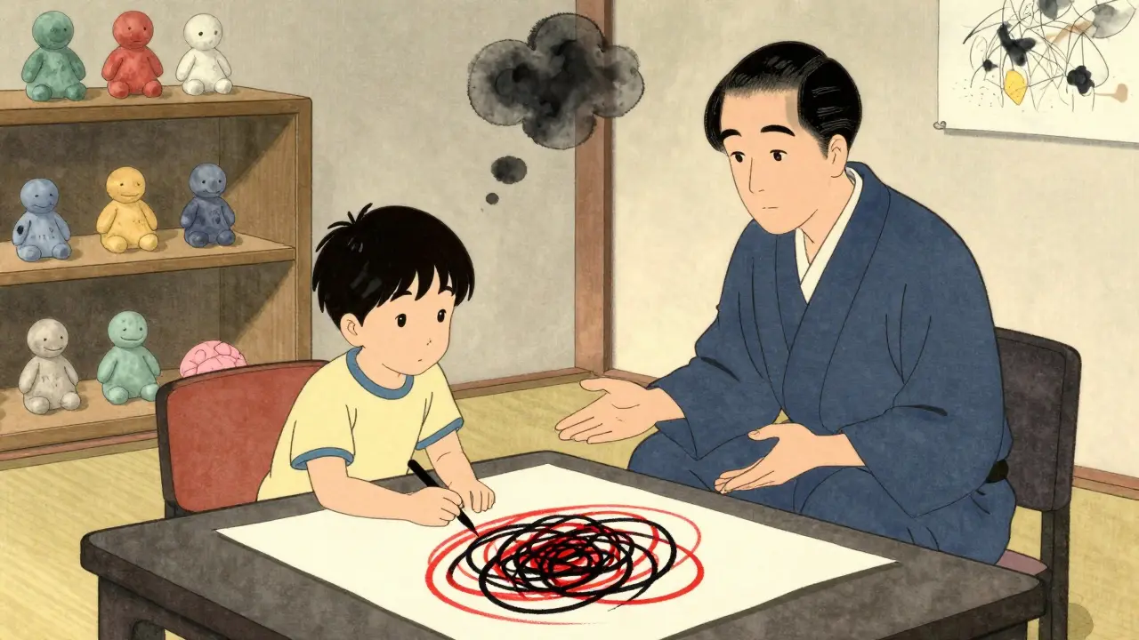 Terapeut a dítě společně kreslí v klidné místnosti bez slov, jen přítomností.