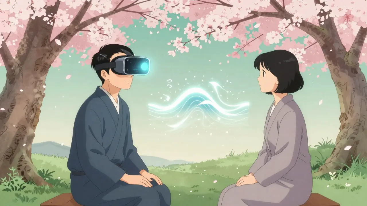Terapeut a klient pod kvetoucím višňovým stromem, nad nimi se vznáší VR headset s rozptylujícími vzpomínkami.