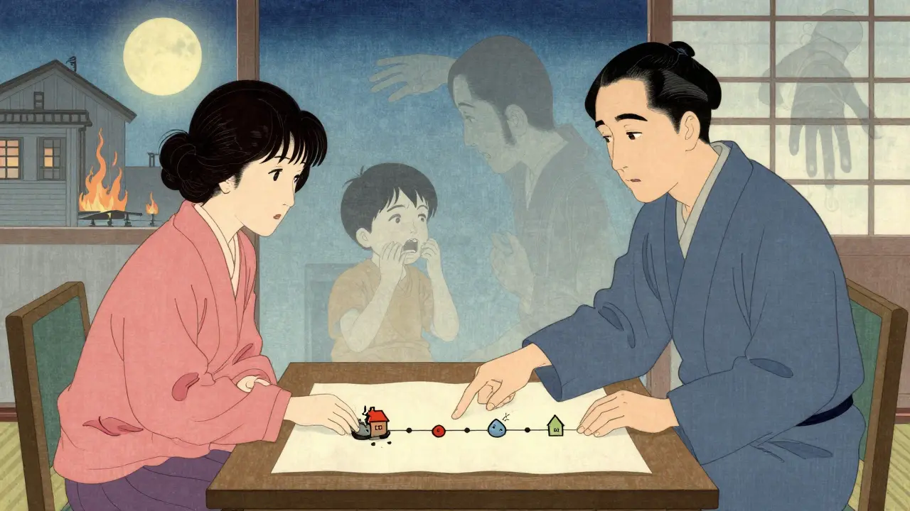 Terapeut a klient spolu na stole sledují časovou osu života na papíře s průhlednými vzpomínkami.